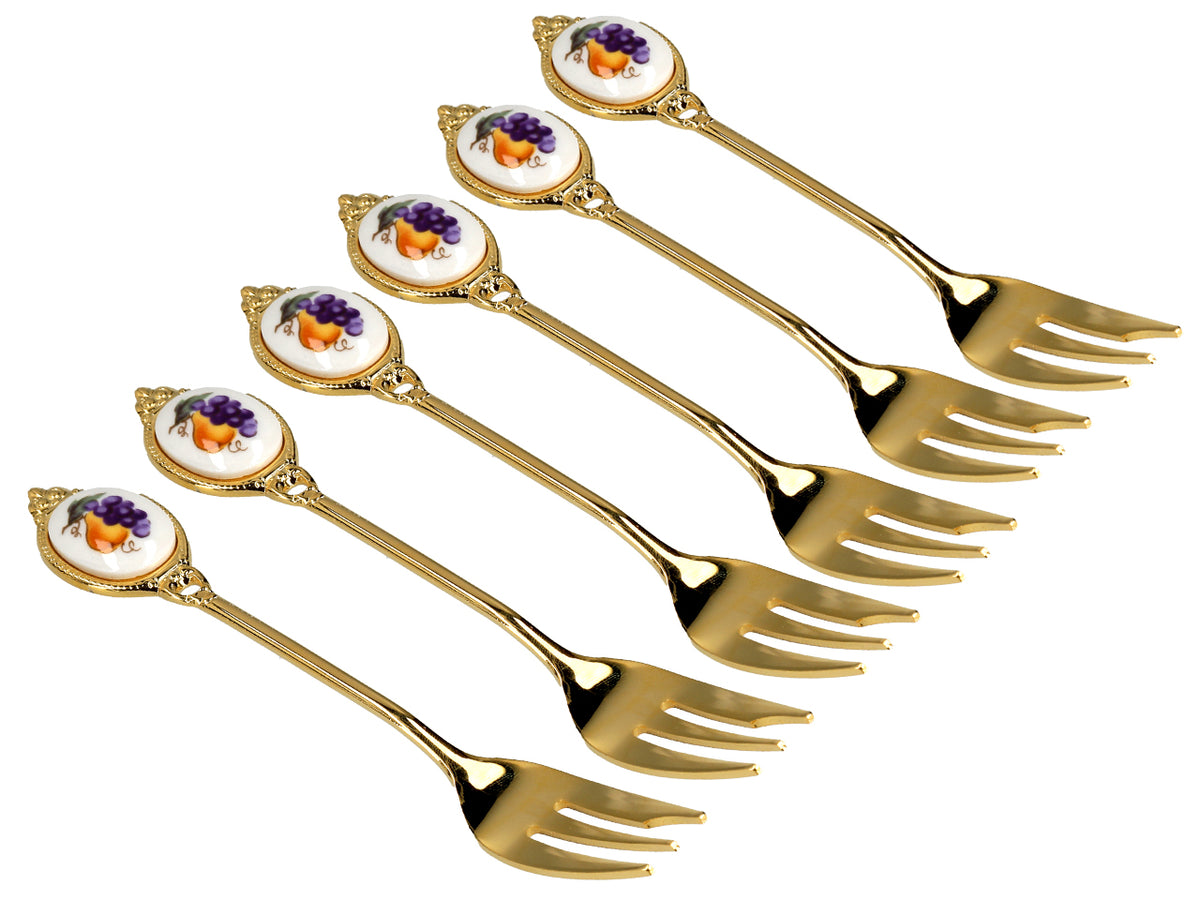 Set mit 6 Kuchengabeln, mit 24K Gold beschichtete Kuchengabeln, Obstmotiv