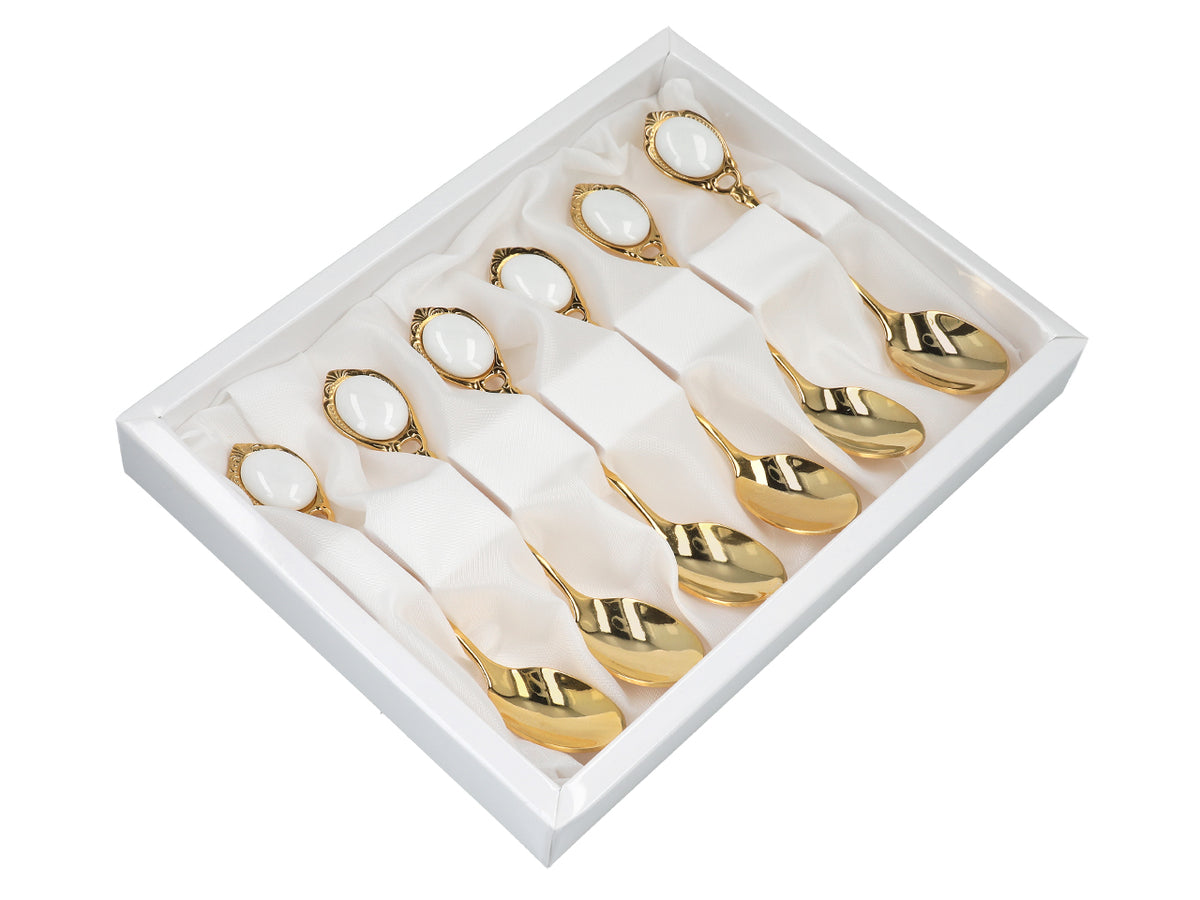 Set mit 6 mit 24K Gold beschichteten Löffelchen Weiße Ösen CARMANI mit Möglichkeit zur Personalisierung durch Gravur - elegantes Geschenk für jeden Anlass, Maße 13 cm
