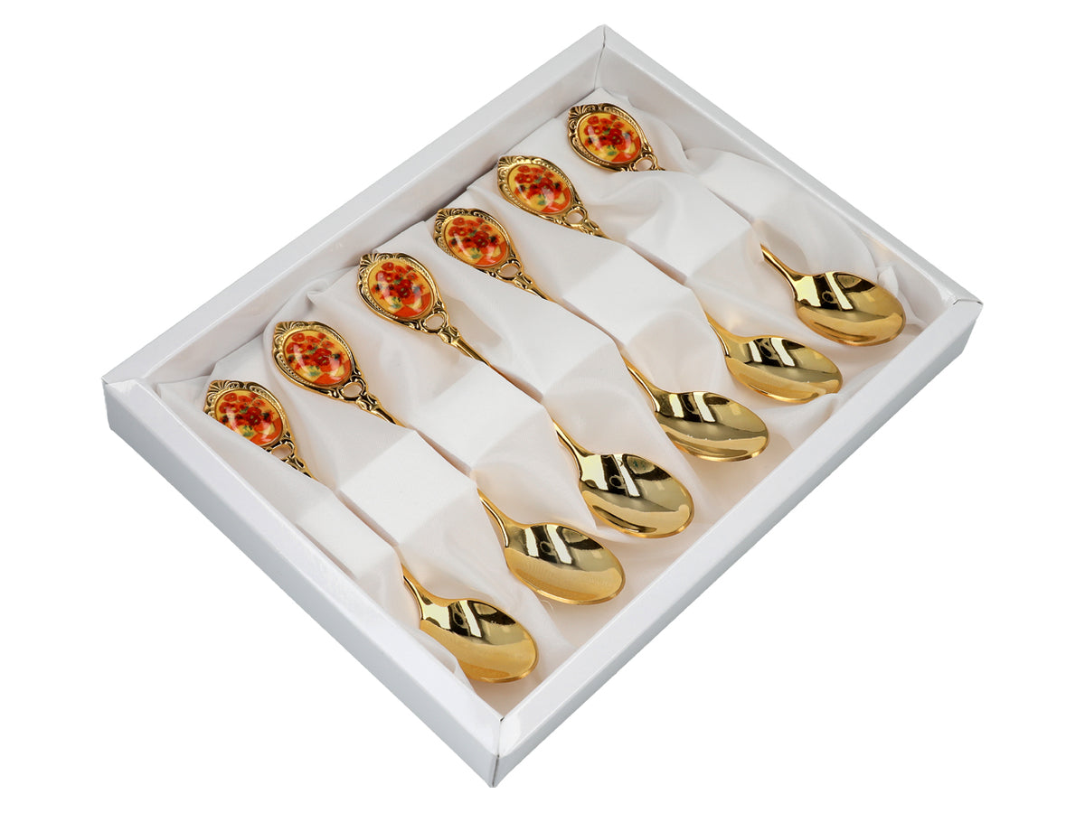 Set aus 6 goldenen Löffelchen mit dem Motiv der Sonnenblumen von Vincent van Gogh