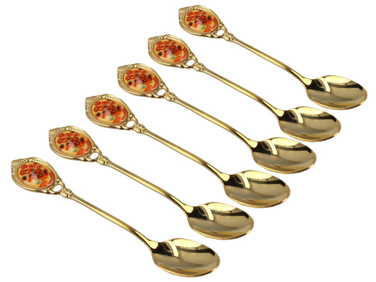 Set aus 6 goldenen Löffelchen mit dem Motiv der Sonnenblumen von Vincent van Gogh