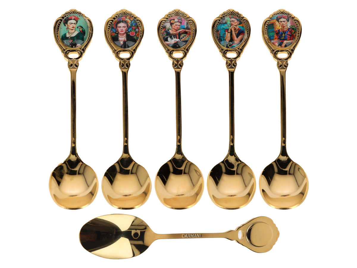 Set aus 6 mit 24K Gold beschichteten Löffelchen F. Kahlo mit Möglichkeit zur Personalisierung durch Gravur - elegantes Besteck als Geschenk, 13 cm, CARMANI