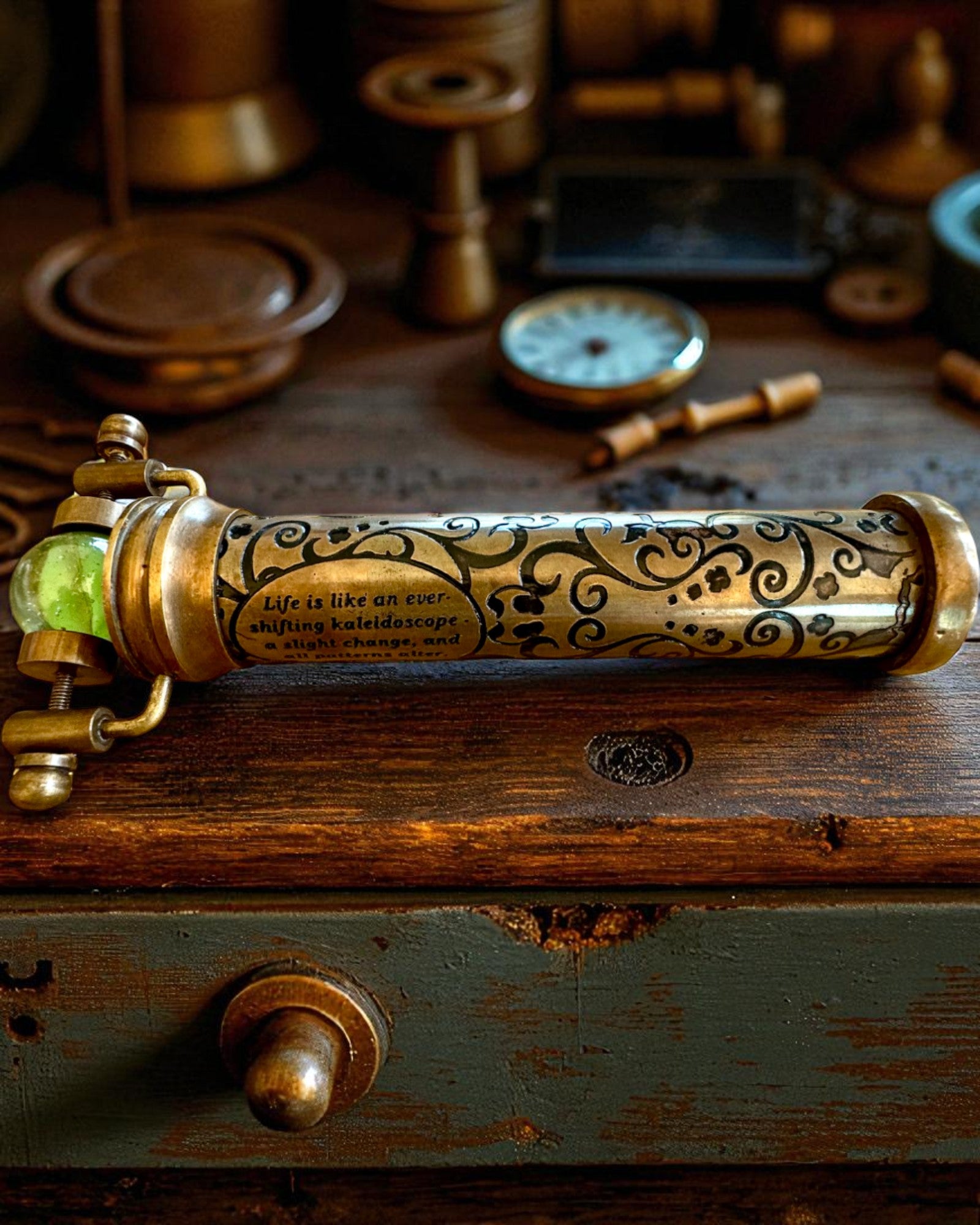 Vintage-Kaleidoskop „Emerald Dreams“, 15 cm – handgefertigt, mit Personalisierung durch Gravur als Geschenk