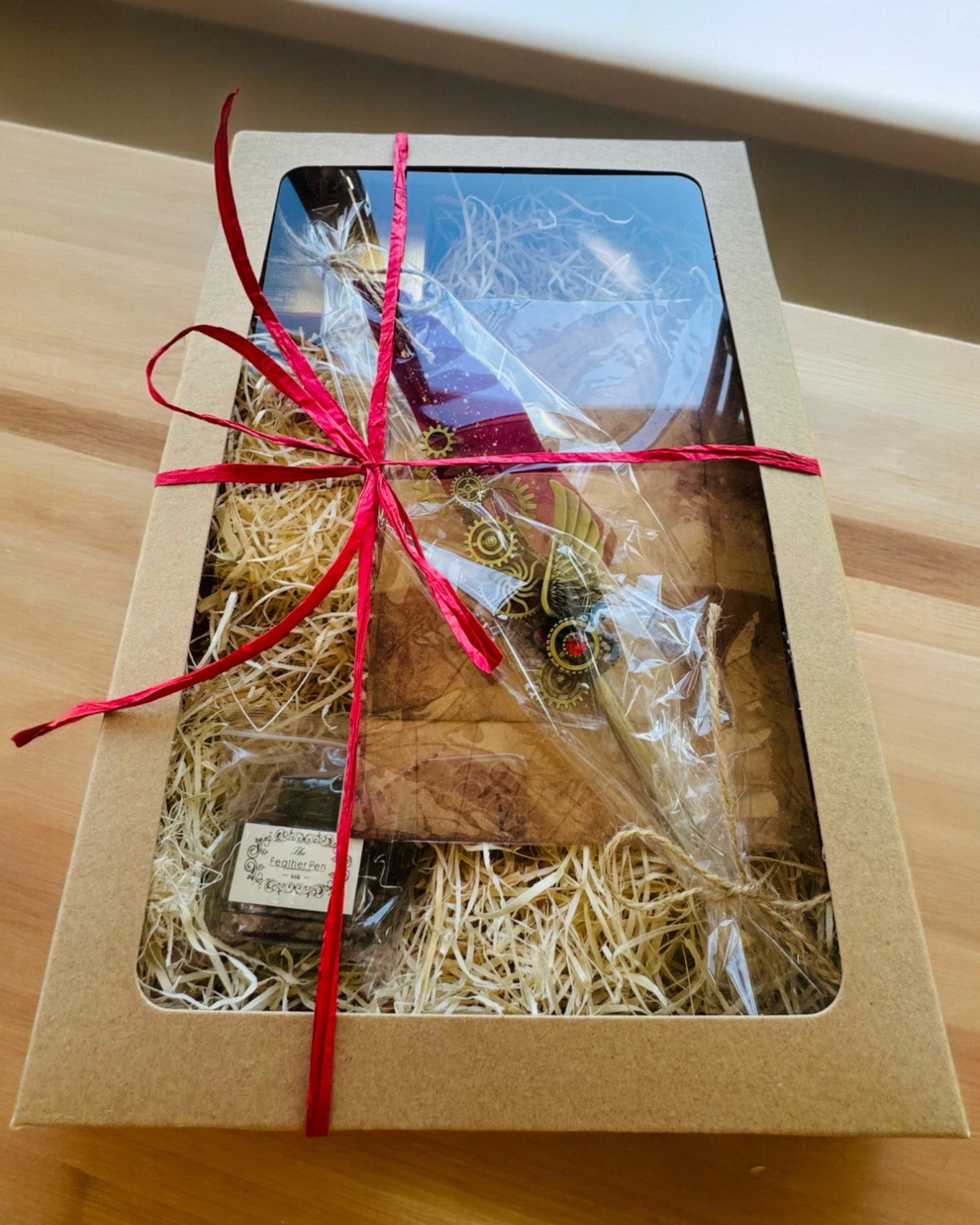 Geschenkset - Gänsefeder Bordeaux-Violett "Steampunk Eleganz" mit Gravurmöglichkeit, als Geschenk