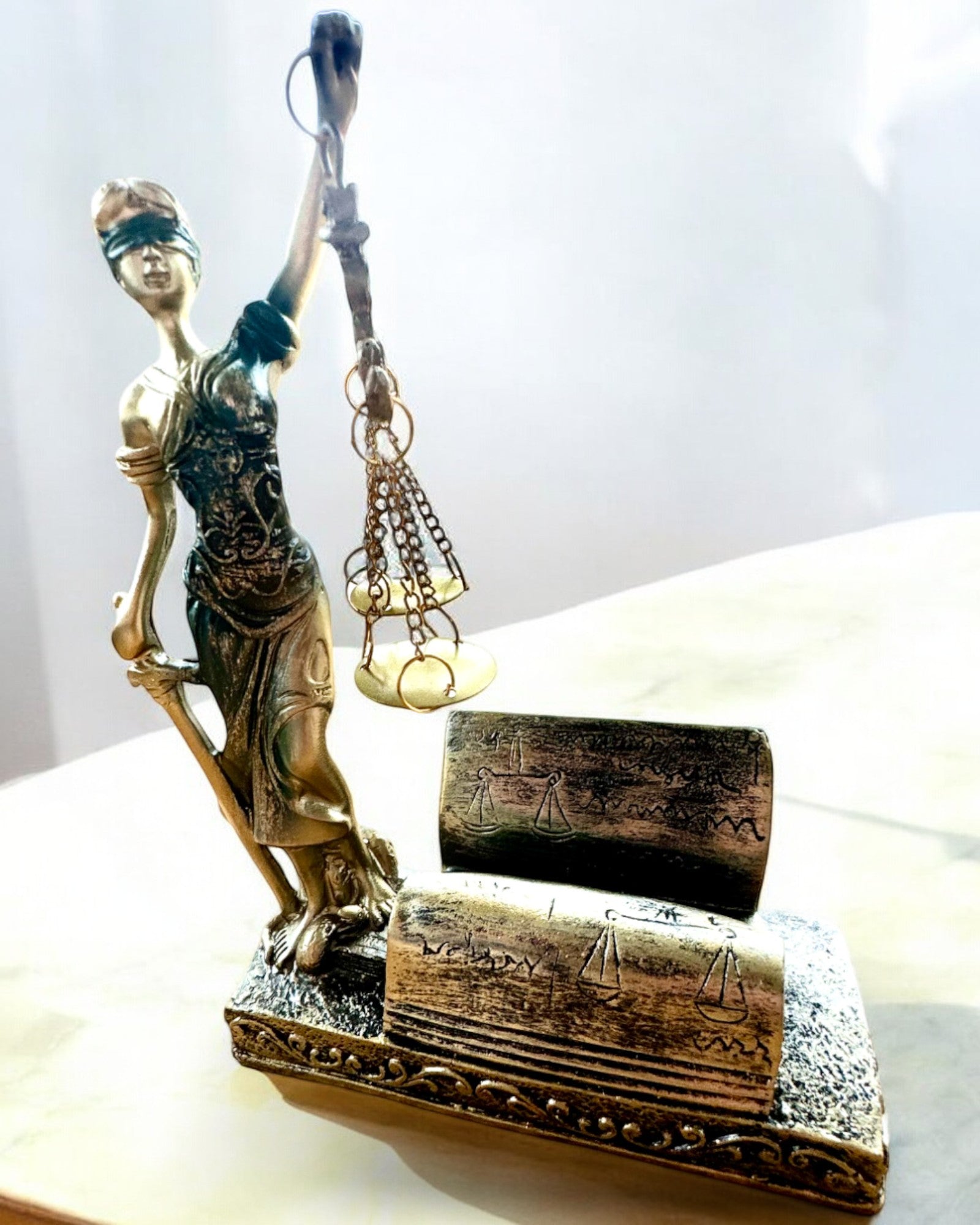 Statuette "Justicia 2" - Göttin der Gerechtigkeit – Künstlerische Dekoration für das Regal, Kunsthandwerk aus Harz, Personalisierung mit Gravur