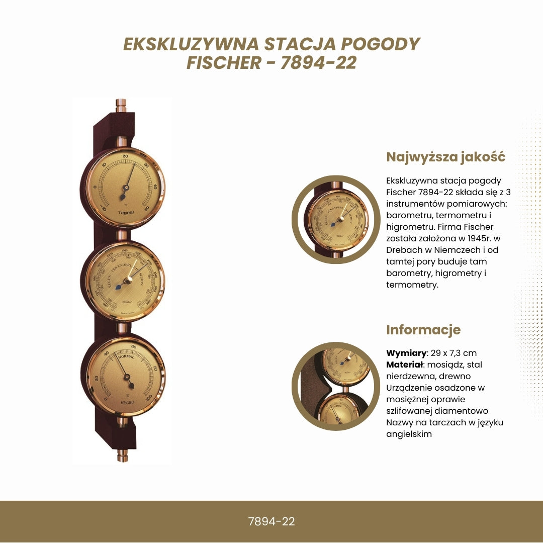Exklusive Wetterstation Fischer 7894-22 aus Messing und Mahagoni mit personalisierter Gravur - Barometer, Thermometer und Hygrometer als Geschenk im klassischen Stil, Maße 29x7,3 cm