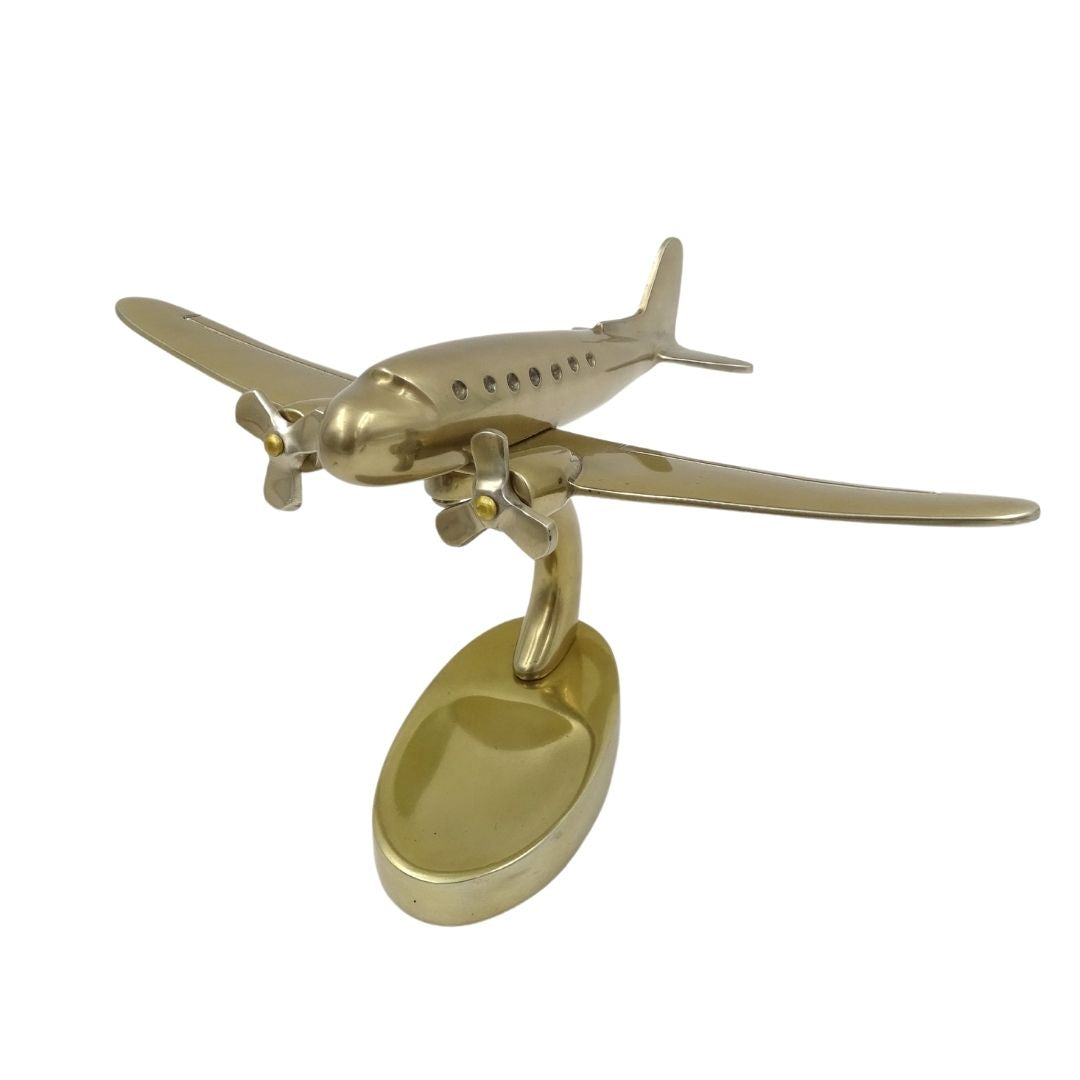 Großes Metallmodell eines zweimotorigen Flugzeugs mit personalisierbarer Gravur, goldfarben, 19,5 x 16,5 x 29 cm