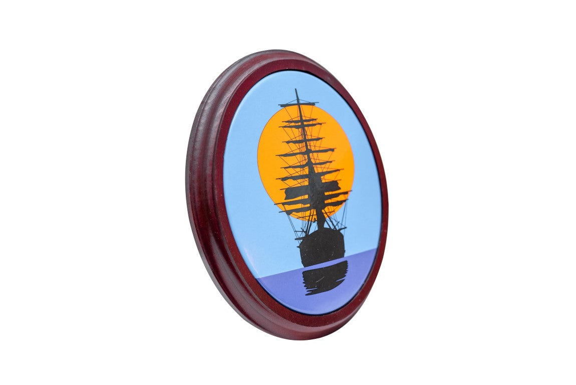 Emaille-Schild Segelschiff bei Sonnenuntergang mit Holzrahmen