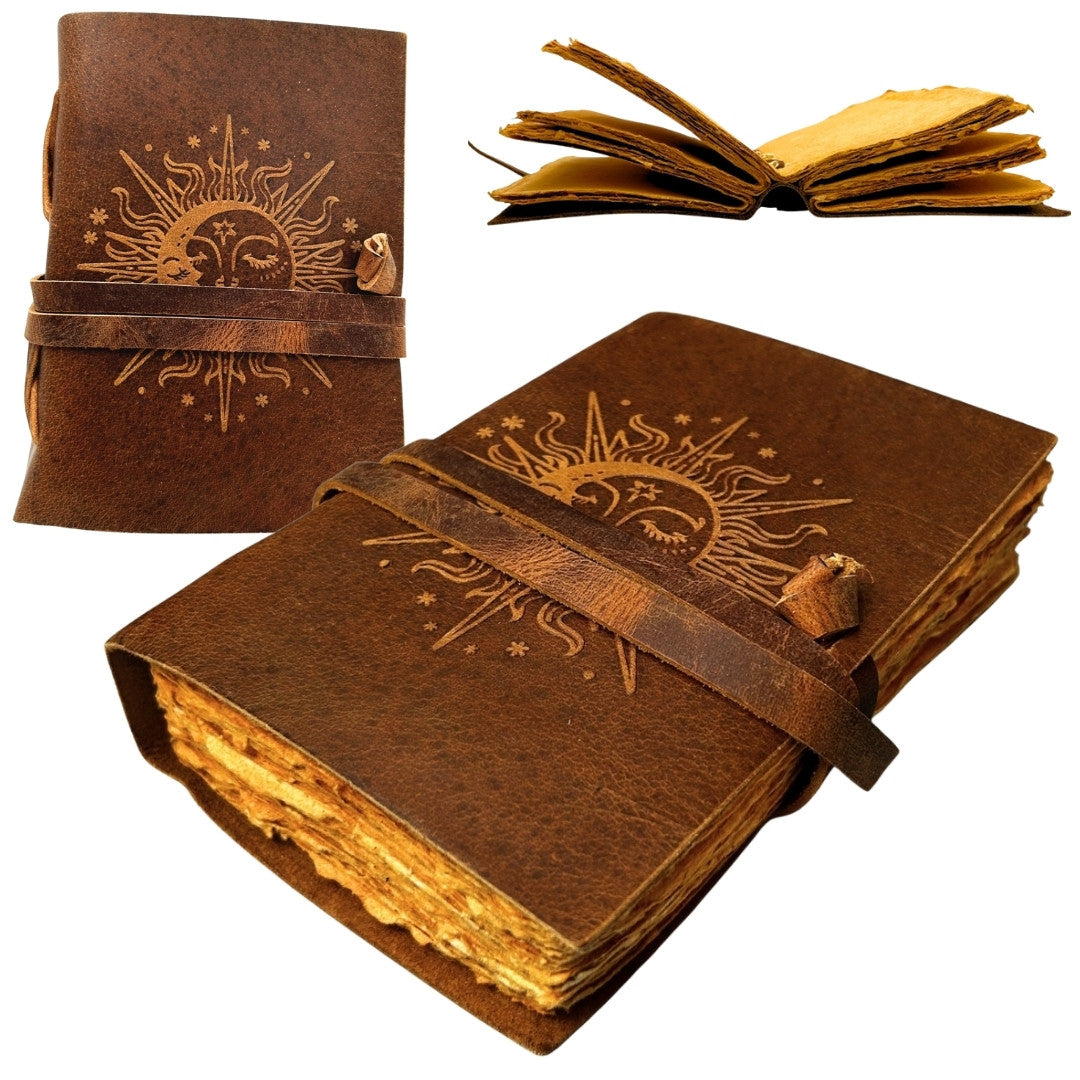 Vintage-Ledernotizbuch 200 Seiten mit Gravur – Sonne und Mond – natürliche Büffellederhülle – ideal als Geschenk – 18x13 cm – elegantes Tagebuch mit 150 g/m² Papier