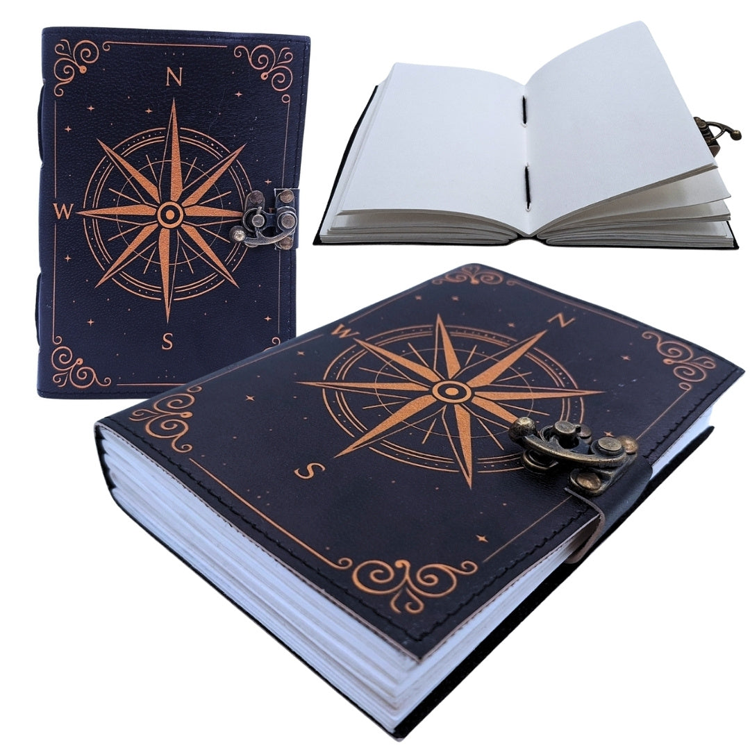 Retro Leder-Notizbuch Windrose Schwarz-Gold mit personalisierter Gravur