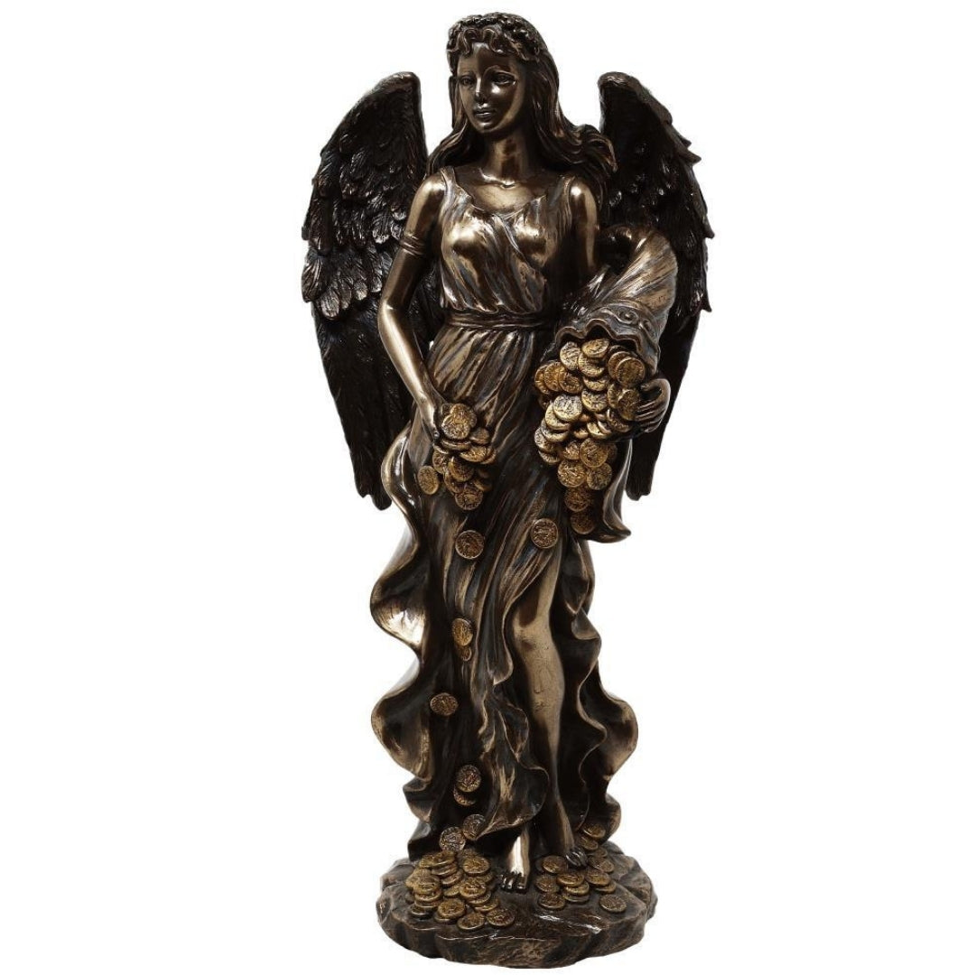 Figur Fortuna, Göttin des Glücks und Reichtums, 29 cm mit Füllhorn – personalisierte Gravur als Geschenk, elegante Dekoration aus Harz-Konglomerat in Braun- und Kupfertönen