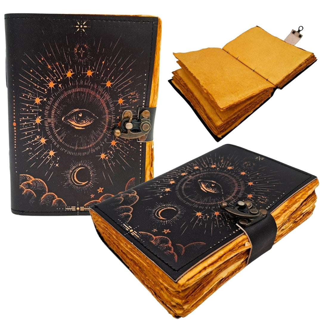 Notizbuch des kosmischen Auges mit Gravur – Retro-Ledernotizbuch mit 200 Seiten gelbem Ziegenlederpapier