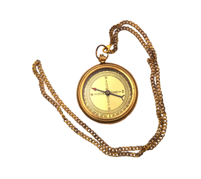 Messing-Kompass an Kette in Lederetui mit der Möglichkeit der Personalisierung durch Gravur