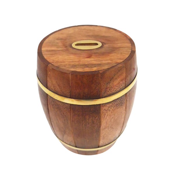 Große Holz-Spardose Fass mit Messingbeschlägen