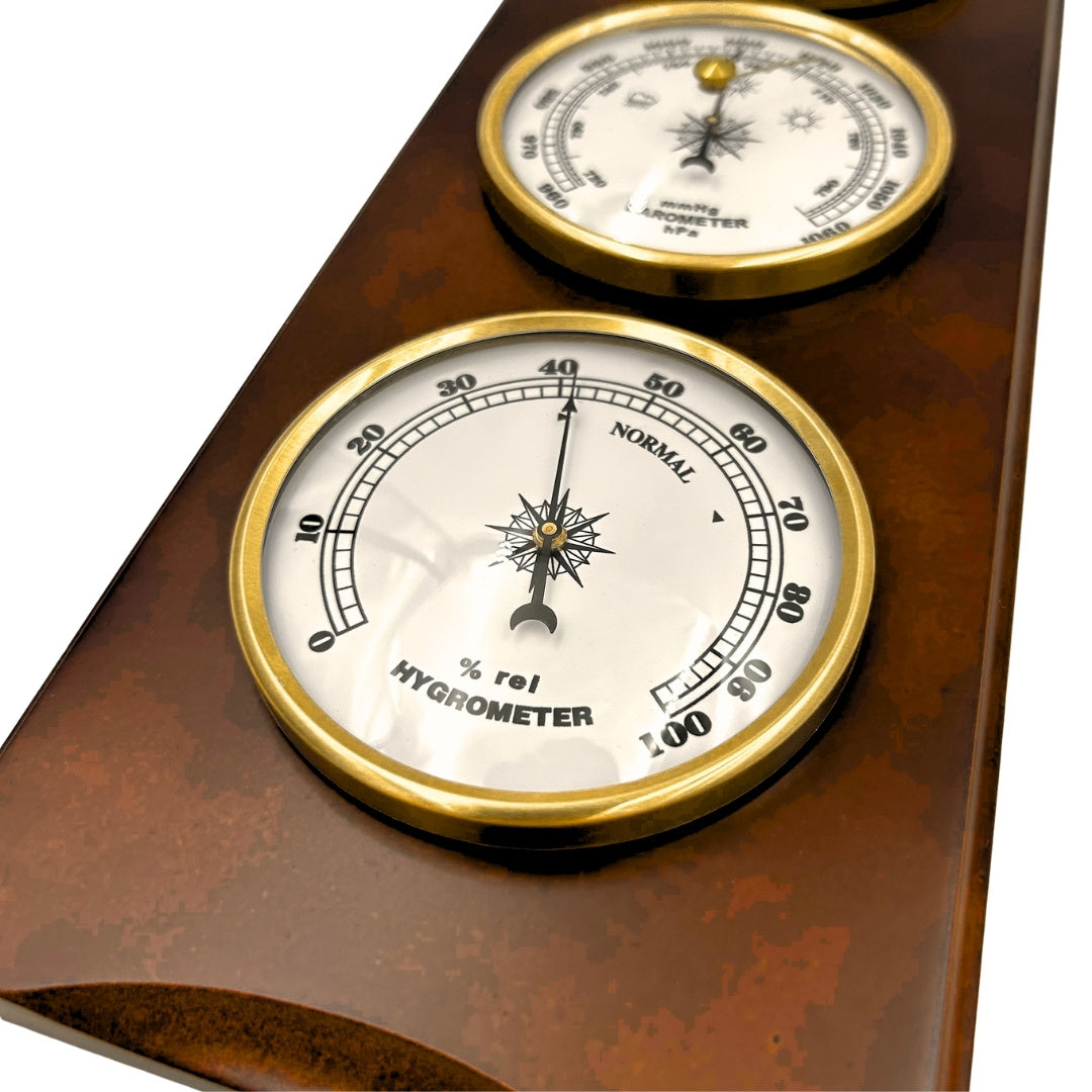 Elegante Retro-Wetterstation 36 cm mit Gravur – Barometer, Thermometer, Hygrometer im Holzgehäuse