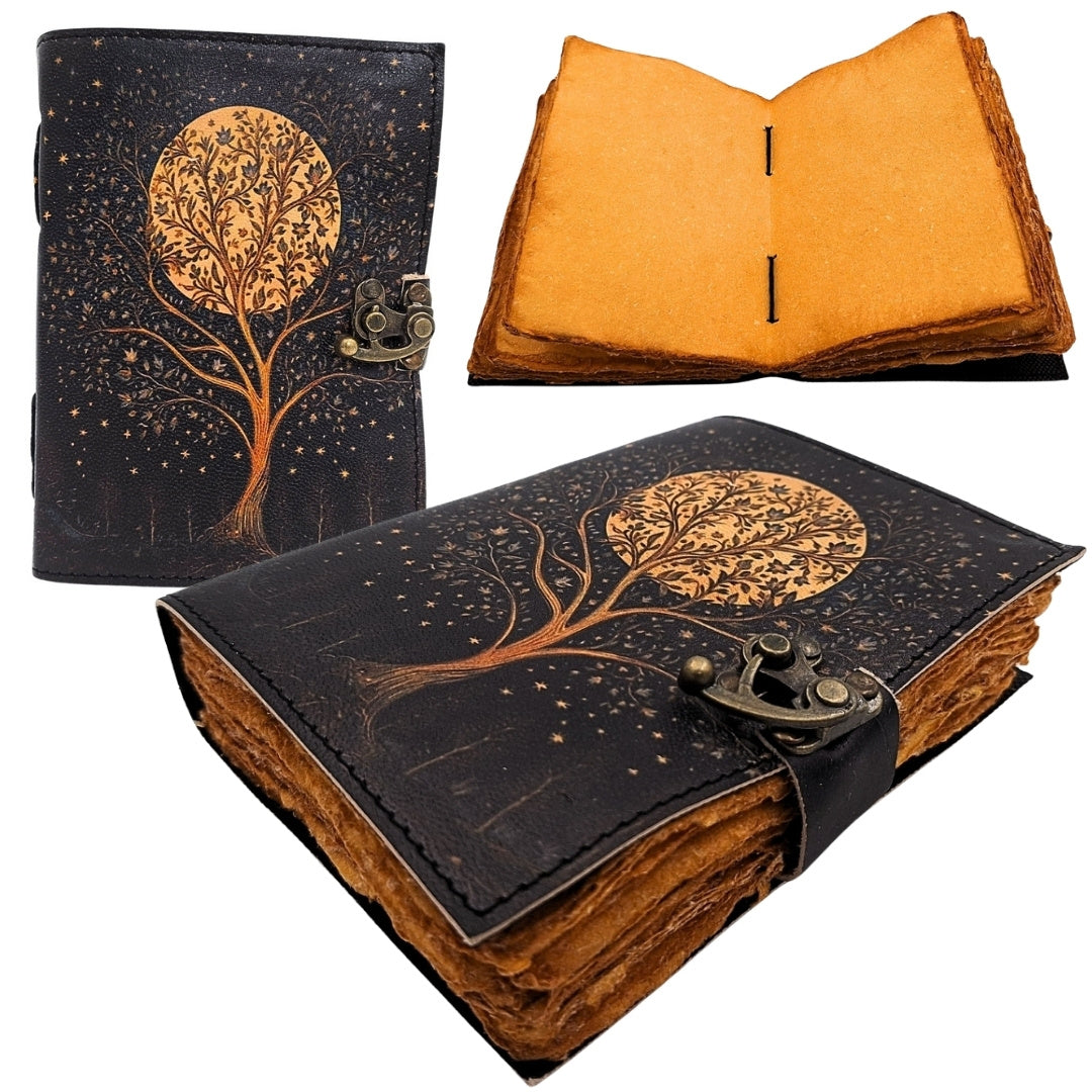 Vintage Retro Leder-Notizbuch Baum und Mond 200 Seiten mit Personalisierung durch Gravur