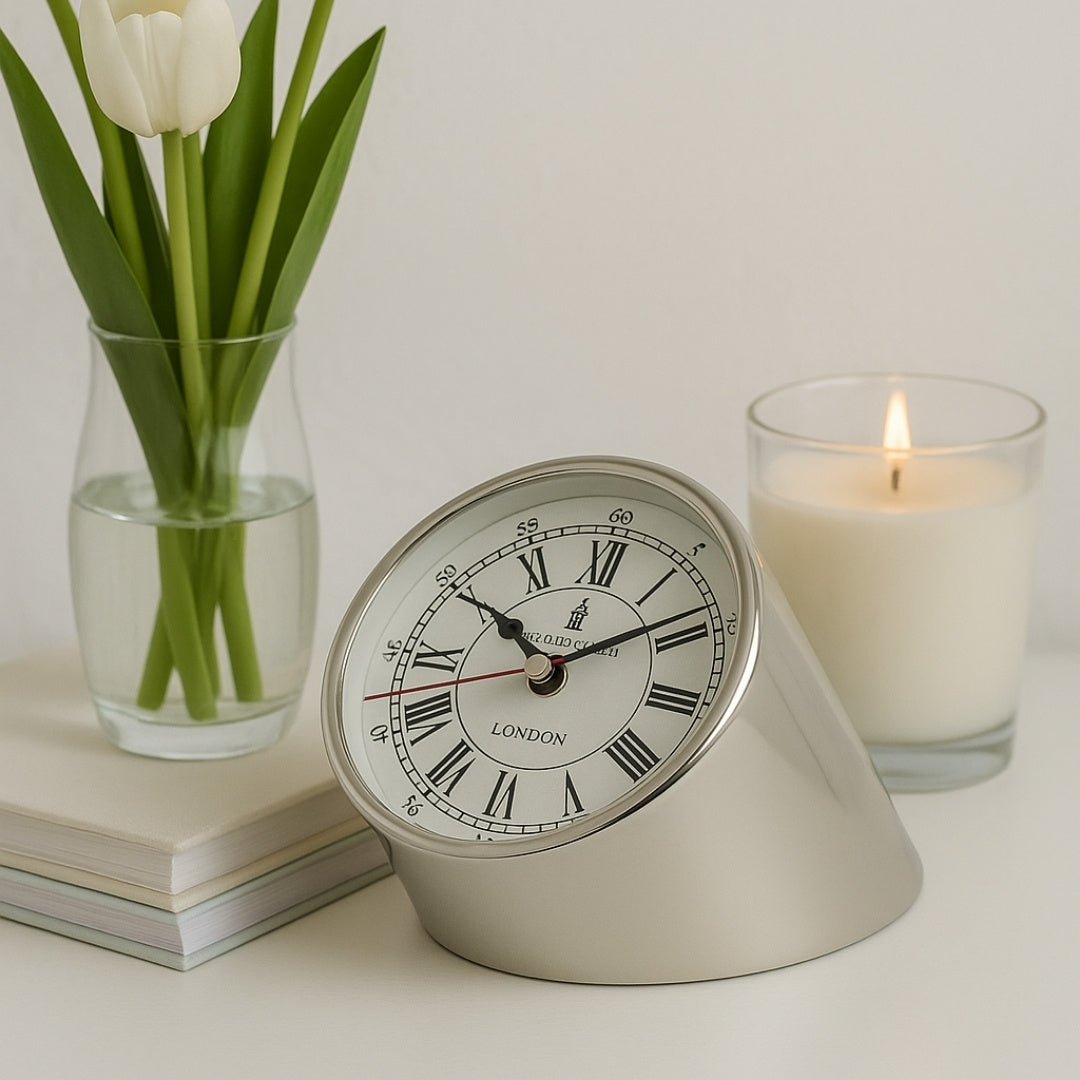Metalluhr für den Schreibtisch CLK-0212 mit Gravur – Personalisierbares Geschenk in Silber, Weiß oder Schwarz, Höhe 19 cm, moderner Stil mit römischen und arabischen Ziffern