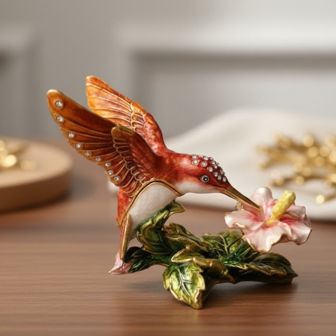 Exklusive Schmuckschatulle Kolibri mit Kristallen, personalisierte Gravur, Metall, 8x5,5x7 cm