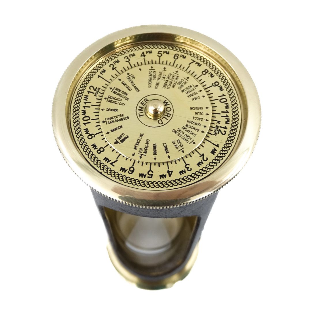 5-Minuten-Sanduhr mit Weltzeituhr und ewigen Kalender im Lederetui