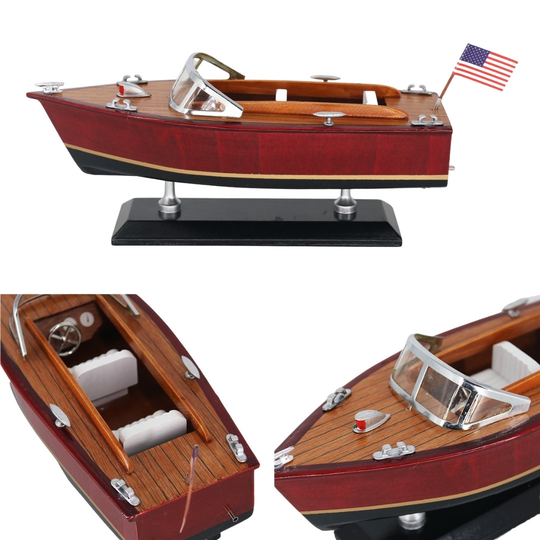 Modell eines Holz-Motorboots mit Gravur – klassisches Motorboot 26 cm in tiefen Holztönen