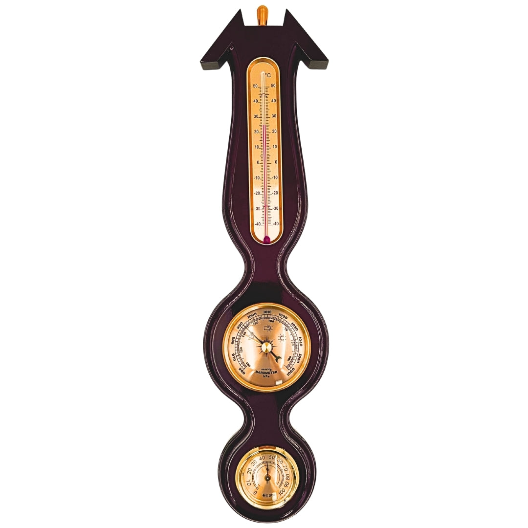 Elegante 3-in-1 Wetterstation mit Gravur – Thermometer, Barometer, Hygrometer in dunklem Holz, 40 cm