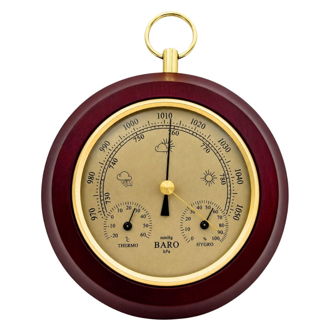 3-in-1 Wetterstation YG386 mit Gravur - Elegantes Thermometer, Barometer und Hygrometer in rundem Holzgehäuse