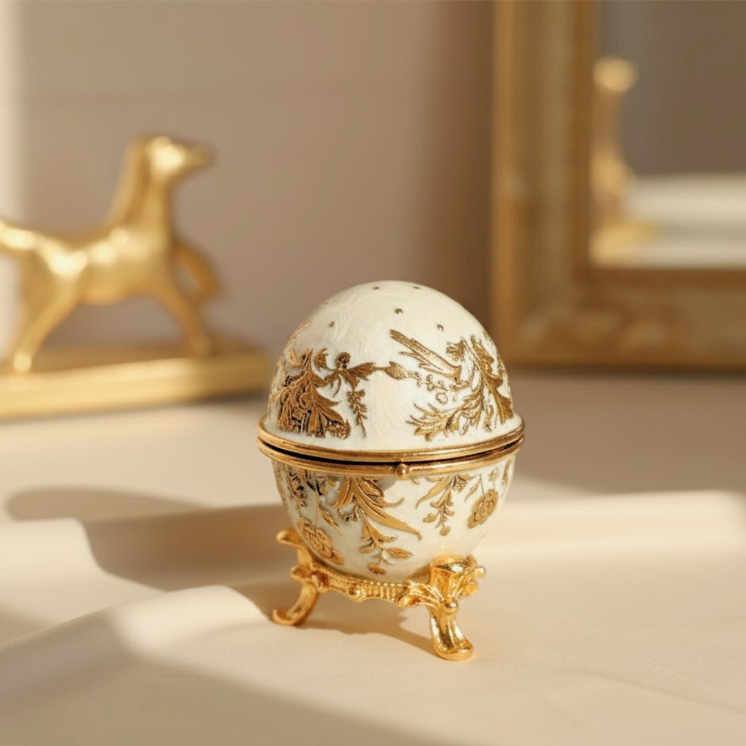 Exklusive Fabergé-Ei Schmuckschatulle aus Metall mit Kristallen in Weiß-Gold mit Gravur-Personalisierung
