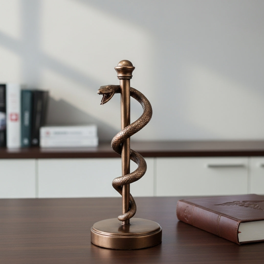 Äskulapstab-Figur 30 cm aus Harz - personalisiertes Geschenk für Ärzte, Krankenschwestern oder Apotheker - braune/ messingfarbene Dekoration mit Gravur