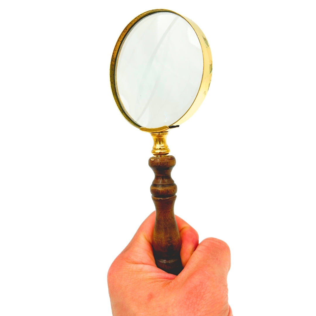 Retro-Lupe aus Messing mit Holzgriff - Vergrößerungsglas 18 cm mit Personalisierung durch Gravur