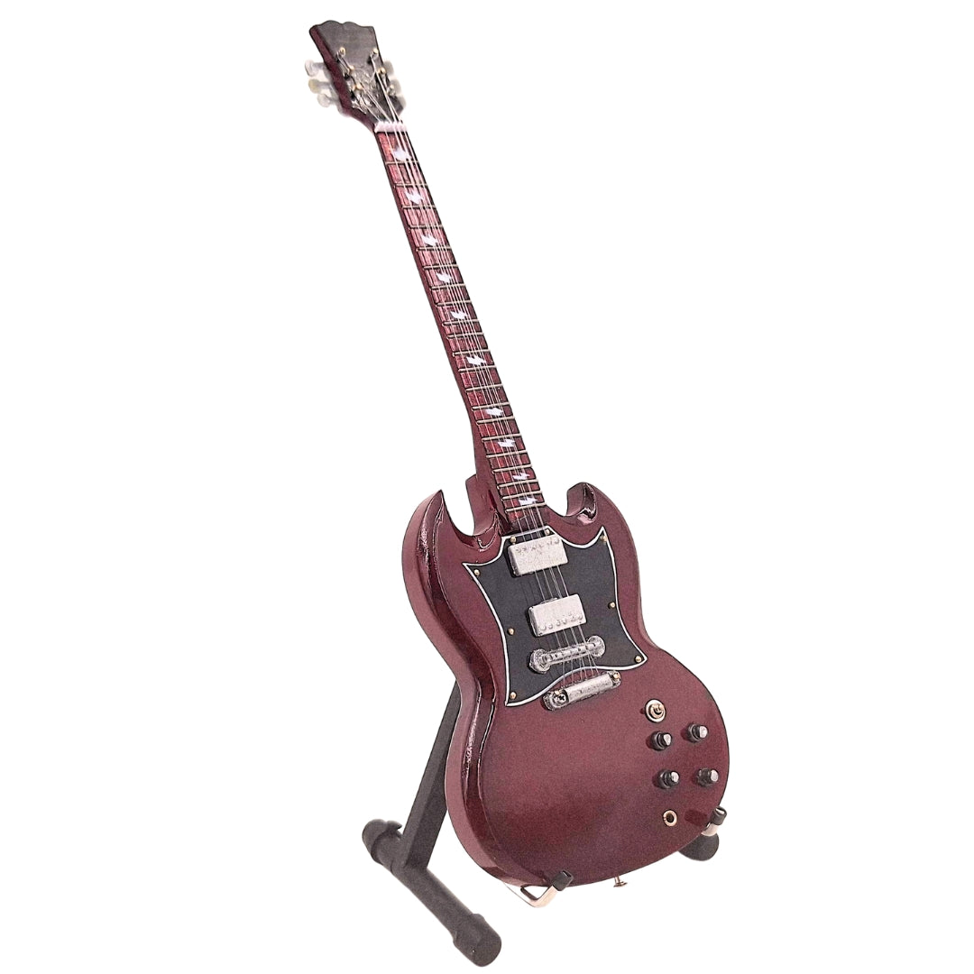 Mini-Gitarre AC/DC Angus Young MGT-0567 mit Möglichkeit zur personalisierten Gravur, ideal als Geschenk, handgefertigt aus Mahagoniholz, braun, Höhe 27,5 cm