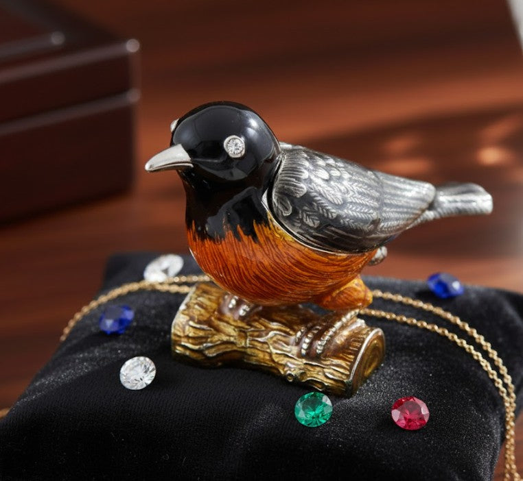 Metallbox in Vogel-Form mit Kristallen, personalisierbar mit Gravur, ideales Geschenk - schwarz, silber, braun, orange, Maße 5x6x5 cm, Material: Metall, Emaille, Kristall