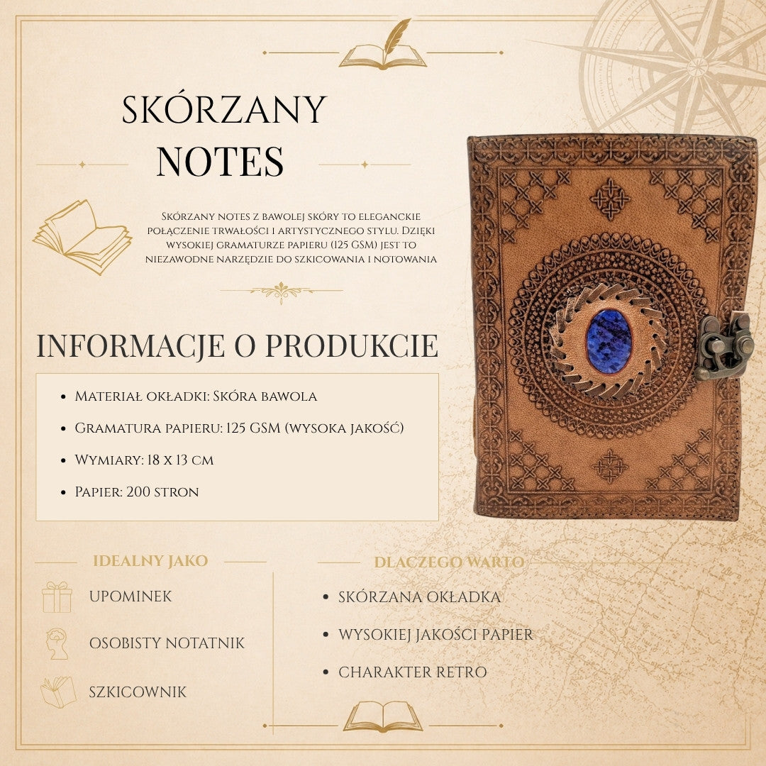 Retro-Ledernotizbuch mit Stein – personalisiertes Notizbuch mit Gravur – Büffelleder, braun, 18x13 cm