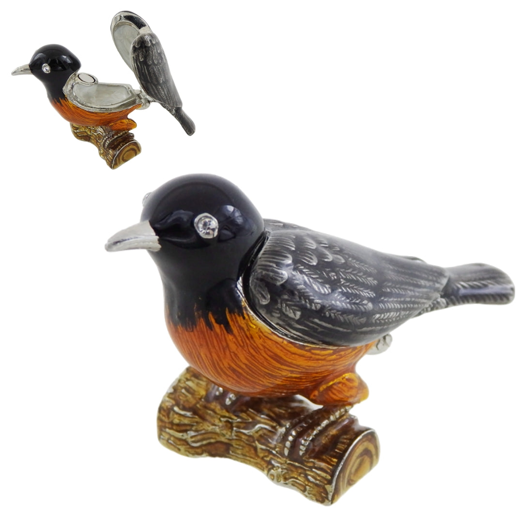 Metallbox in Vogel-Form mit Kristallen, personalisierbar mit Gravur, ideales Geschenk - schwarz, silber, braun, orange, Maße 5x6x5 cm, Material: Metall, Emaille, Kristall