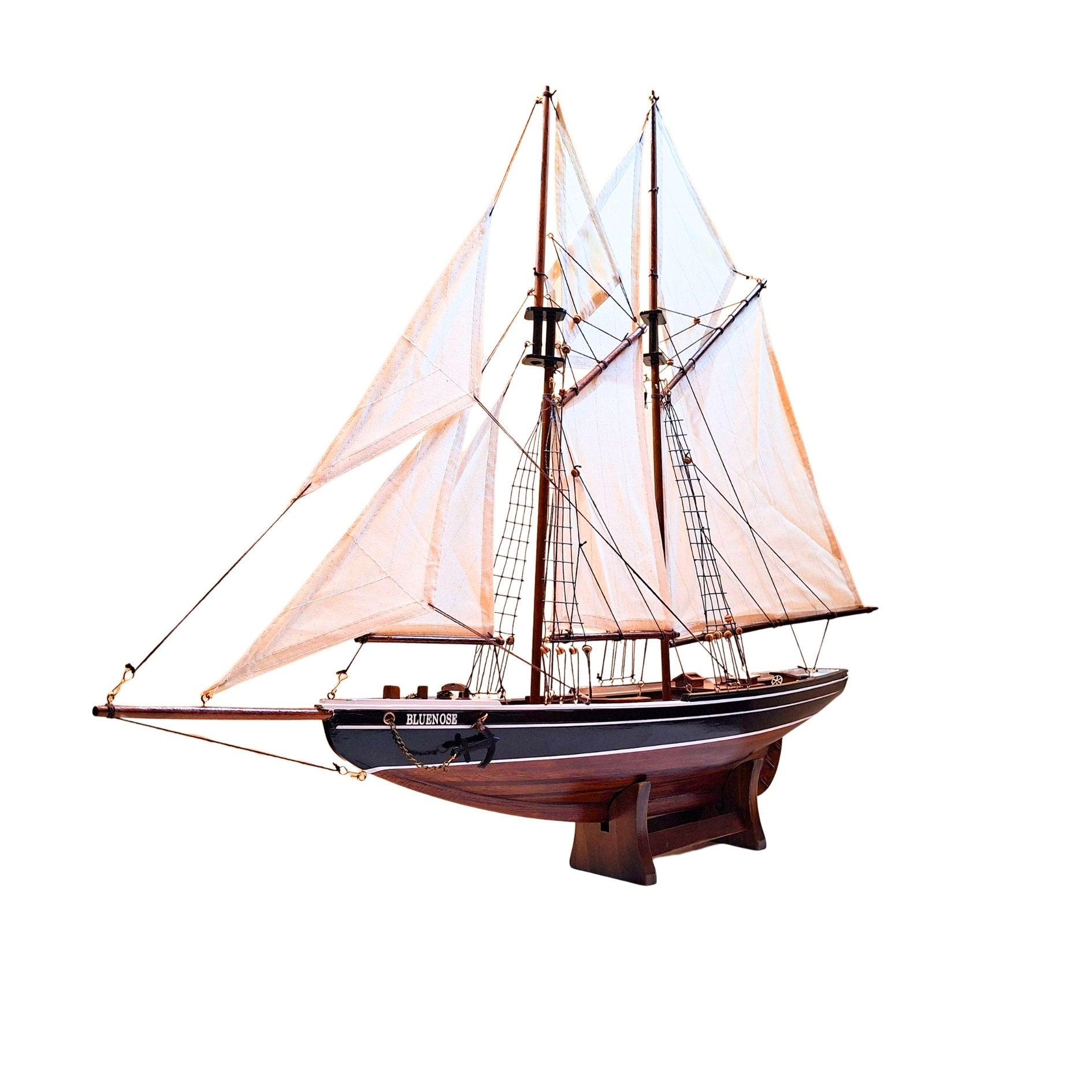 Modell des Bluenose-Schoners 78 cm mit Gravur – elegante maritime Holzdekoration, Geschenk für Segel- und Meeresgeschichtsfreunde mit natürlichen Segeln