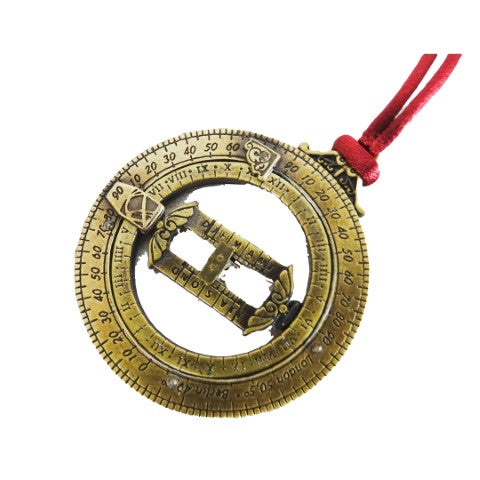 Miniatur Sonnenuhr H90 mit astronomischen Ringen, personalisierte Gravur, ideales Geschenk, bordeauxrotes Band, gefertigt aus Zinklegierung und Messing, Durchmesser 45 mm