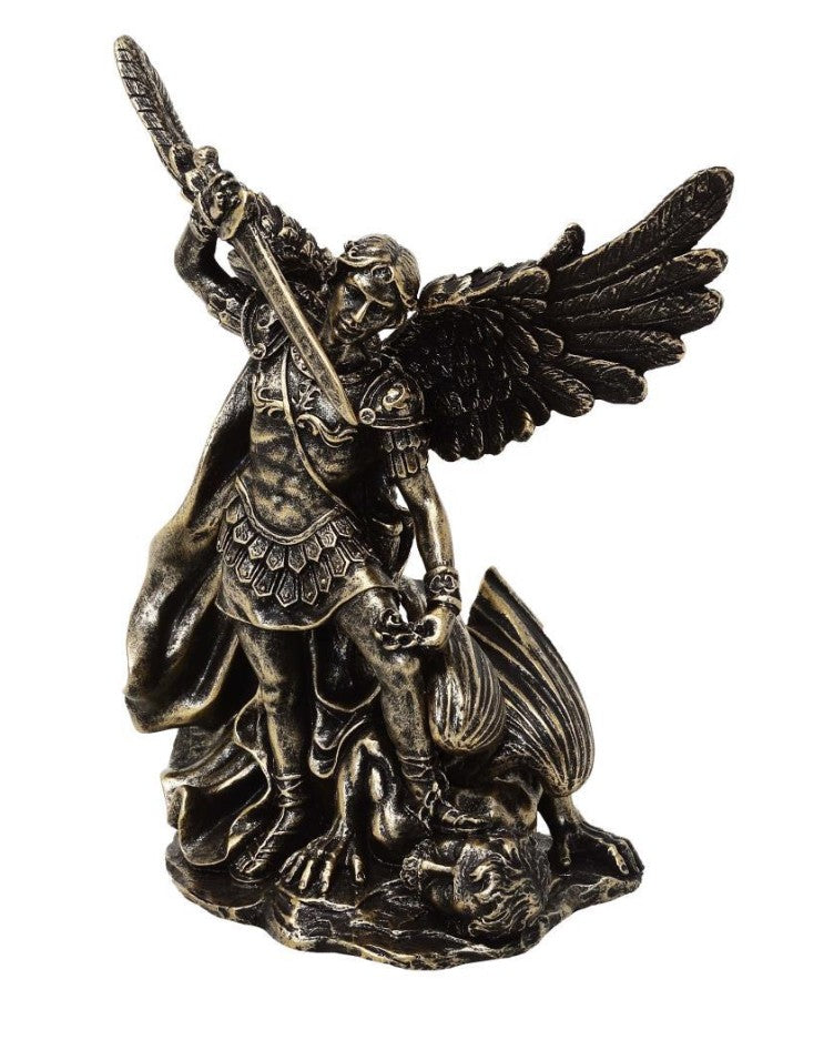 Figur Heiliger Michael im Kampf mit dem Drachen aus Polyresin 13,5 cm mit Personalisierung durch Gravur