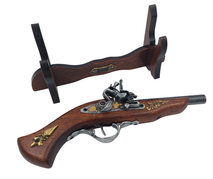 Replik einer italienischen Pistole aus dem 17. Jahrhundert auf Ständer mit personalisierbarer Gravur – elegantes Deko-Element als Geschenk, aus Holz und poliertem Metall, Länge 30 cm