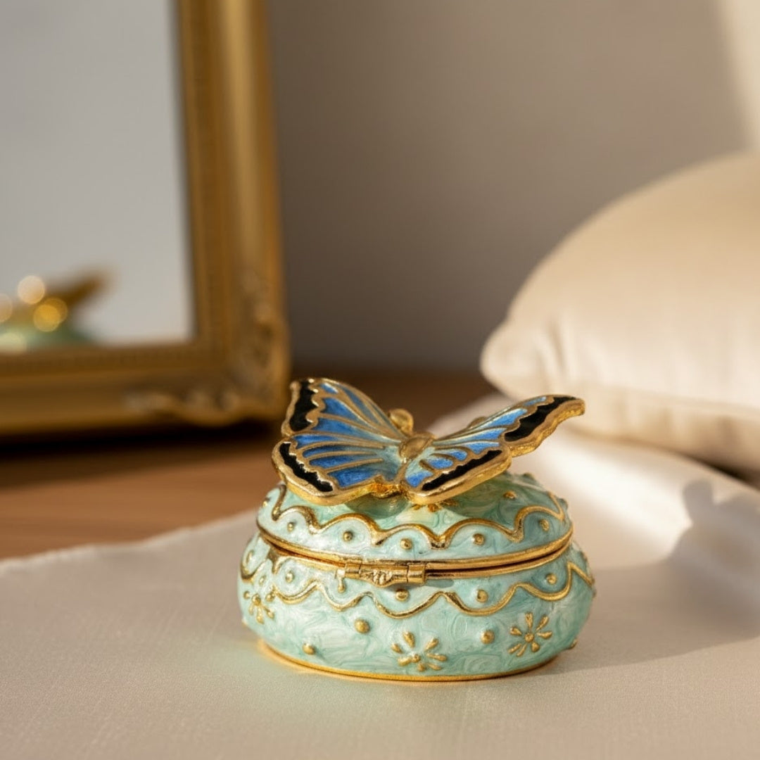 Exklusive Schmuckschatulle Schmetterling mit Kristallen, personalisiert mit Gravur, Weiß-Gold, Höhe 3,5 cm