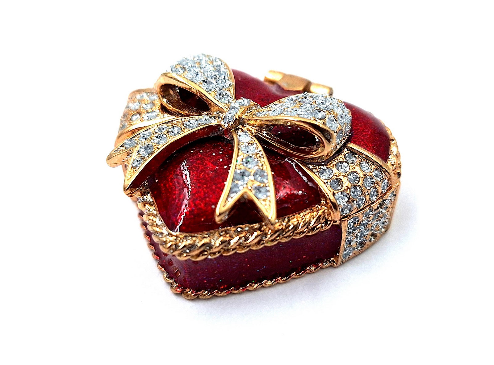 Metall-Schmuckbox in Herzform mit Kristallen, rot-gold-silber, personalisierbare Gravur, ideales romantisches Geschenk, Maße 4,8 x 4 x 2,5 cm