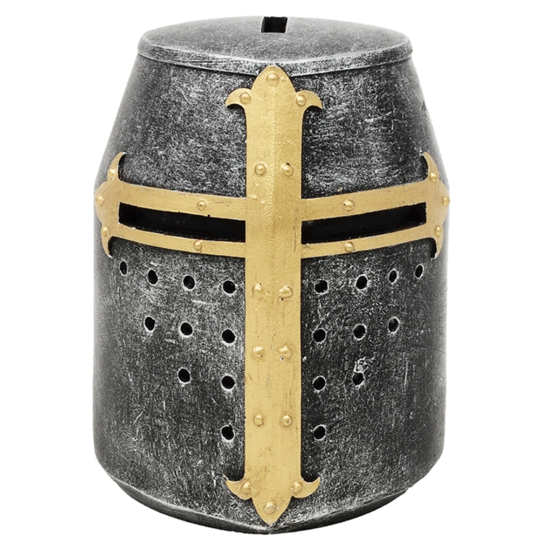 Spardose Ritterhelm Kreuzritter mit Gravur-Personalisierung – einzigartiges mittelalterliches Geschenk, Höhe 10 cm, handbemalt aus Polyresin