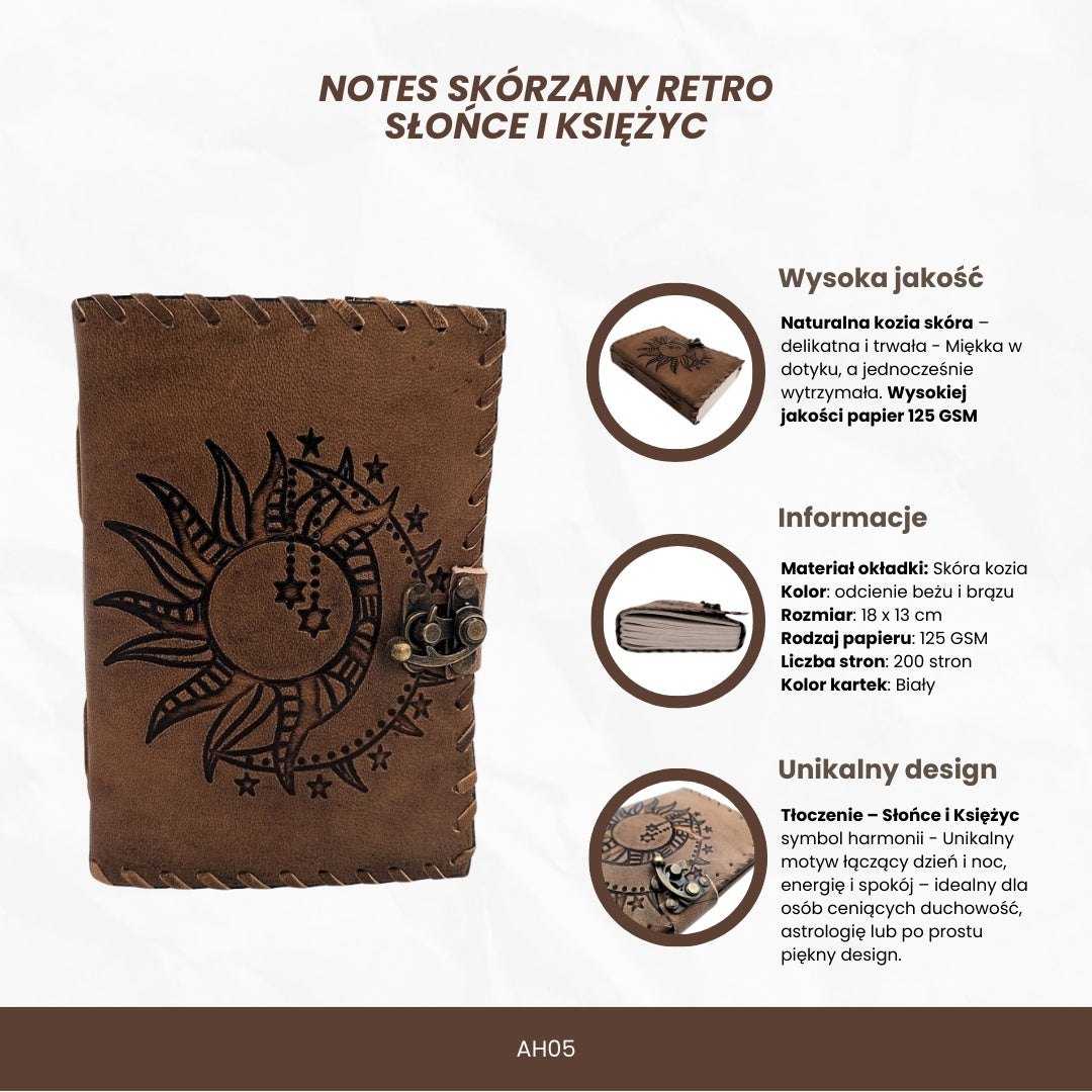 Retro Leder-Notizbuch Sonne und Mond 200 Seiten mit Personalisierung durch Gravur, beige-braun, ideal als Geschenk für Künstler oder Liebhaber der Magie des Alltags
