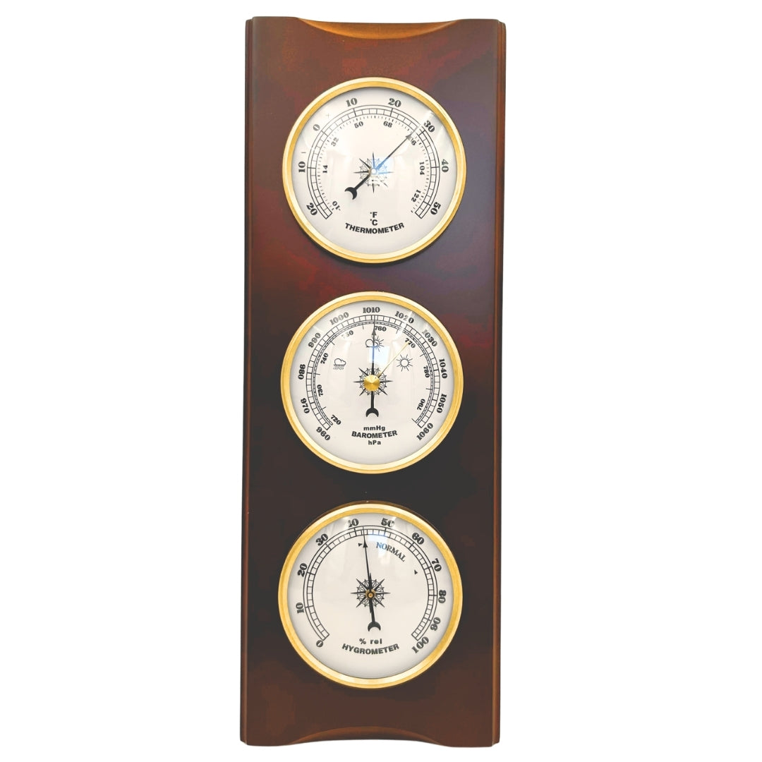 Elegante Retro-Wetterstation 36 cm mit Gravur – Barometer, Thermometer, Hygrometer im Holzgehäuse