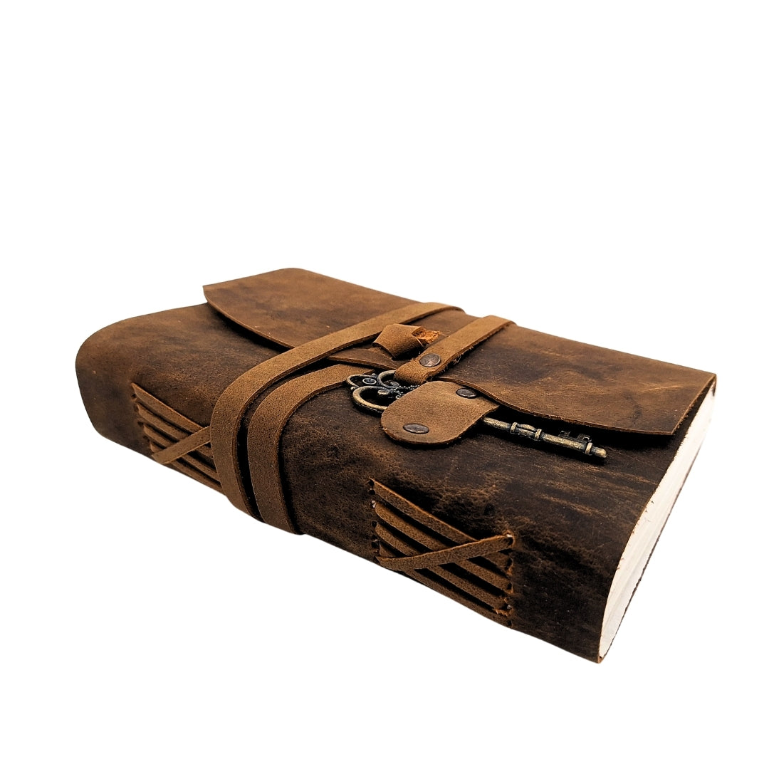 Retro Leder-Notizbuch mit Schlüssel und Riemen, 200 Seiten, 18 x 13 cm
