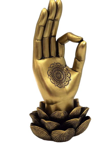 Goldene Figur Hand von Buddha Mudra OM mit Gravur - elegante Dekoration als Geschenk - Lotusblume, 21 cm, Polyresin, Glamour-Stil