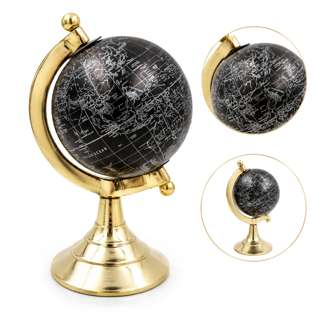 Dekorativer Globus Black & Gold mit personalisierbarer Gravur – elegantes Geschenk, Höhe 20 cm, Messingfuß, schwarze Karte mit silbernen Beschriftungen