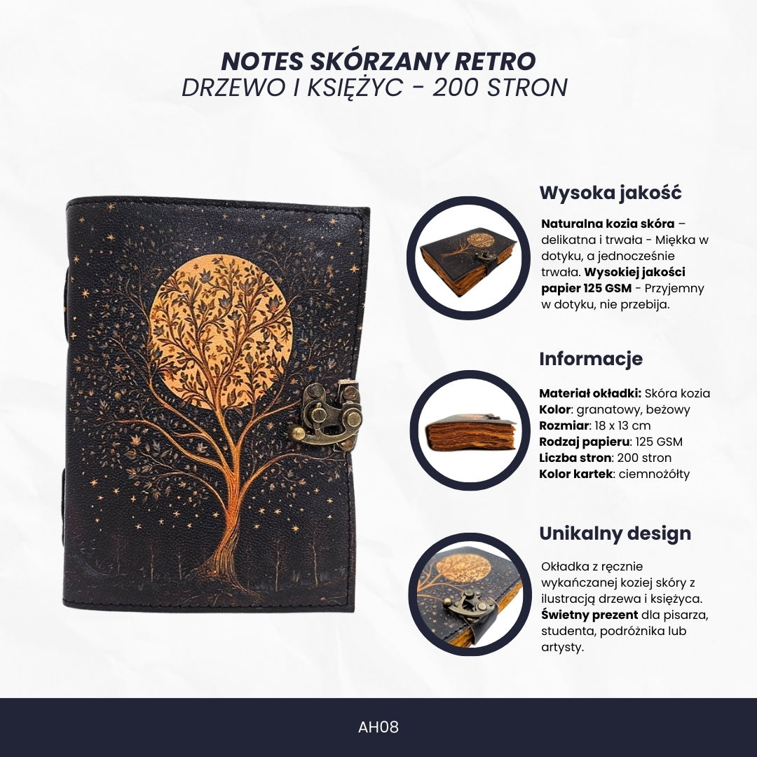 Vintage Retro Leder-Notizbuch Baum und Mond 200 Seiten mit Personalisierung durch Gravur