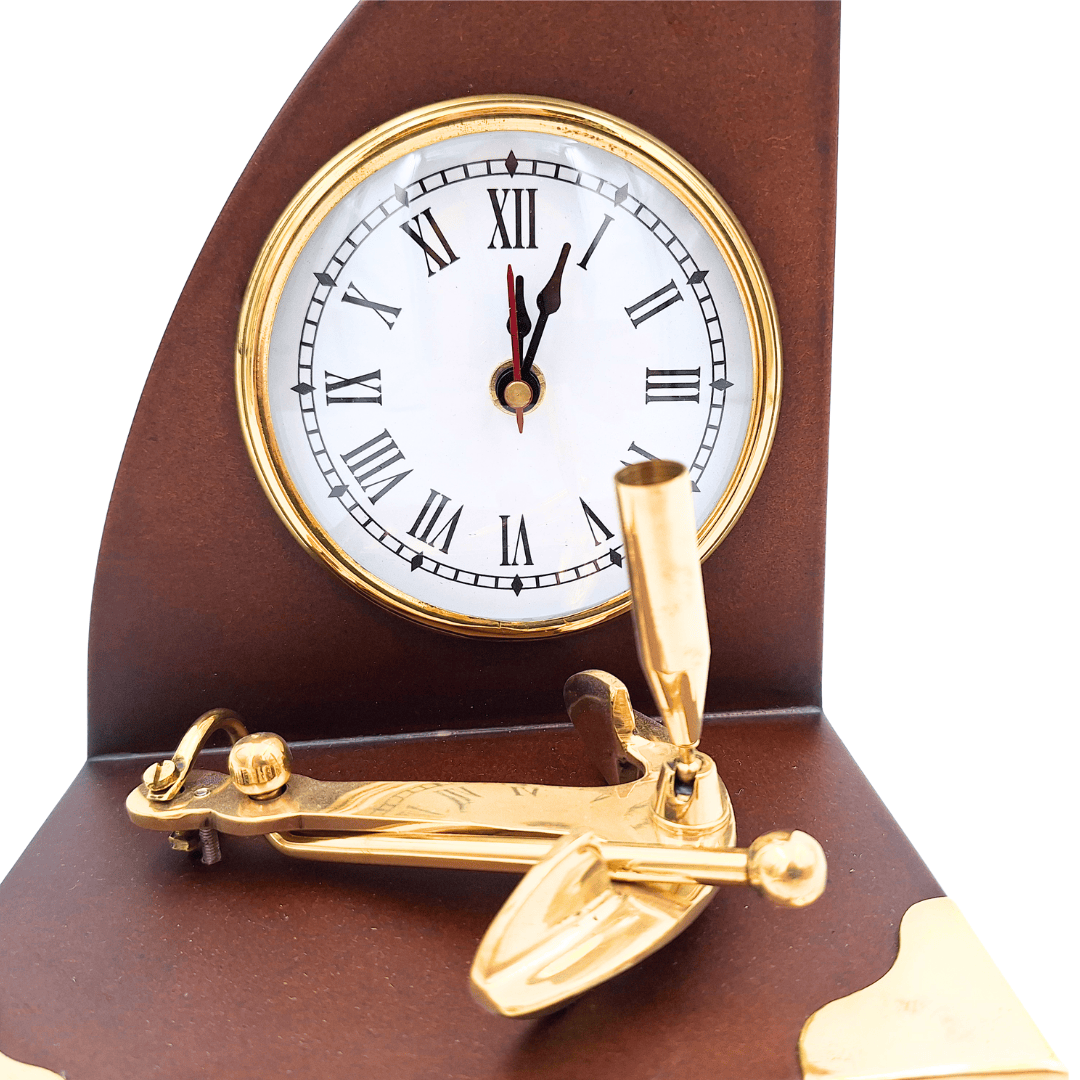 Elegantes maritimes Schreibtischset mit Uhr und Stifthalter aus Messing und lackiertem Holz – Gravur-Personalisierung – Perfektes Geschenk für den Chef oder Liebhaber des Vintage-Stils – Maße 16 x 12,5 x 23 cm