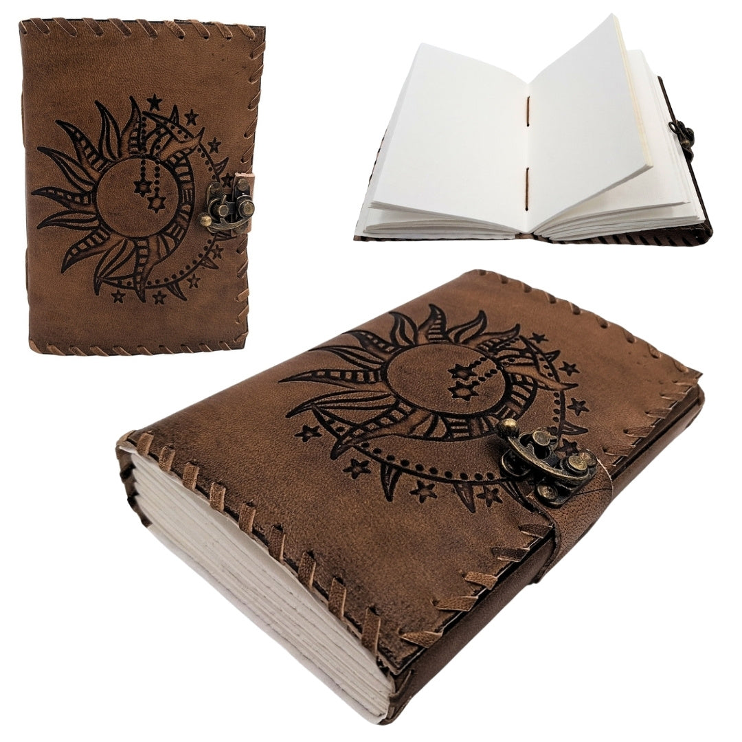 Retro Leder-Notizbuch Sonne und Mond 200 Seiten mit Personalisierung durch Gravur, beige-braun, ideal als Geschenk für Künstler oder Liebhaber der Magie des Alltags