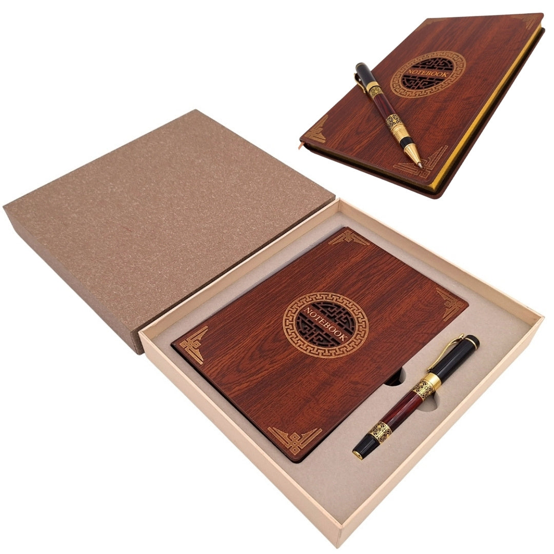 Exklusives Premium Geschenkset A5 Notizbuch mit Holzcover und Kugelschreiber – personalisierbar mit Gravur, ideal als Geschenk für Chef, Lehrer, Künstler – Dunkelbraun mit goldenen Elementen