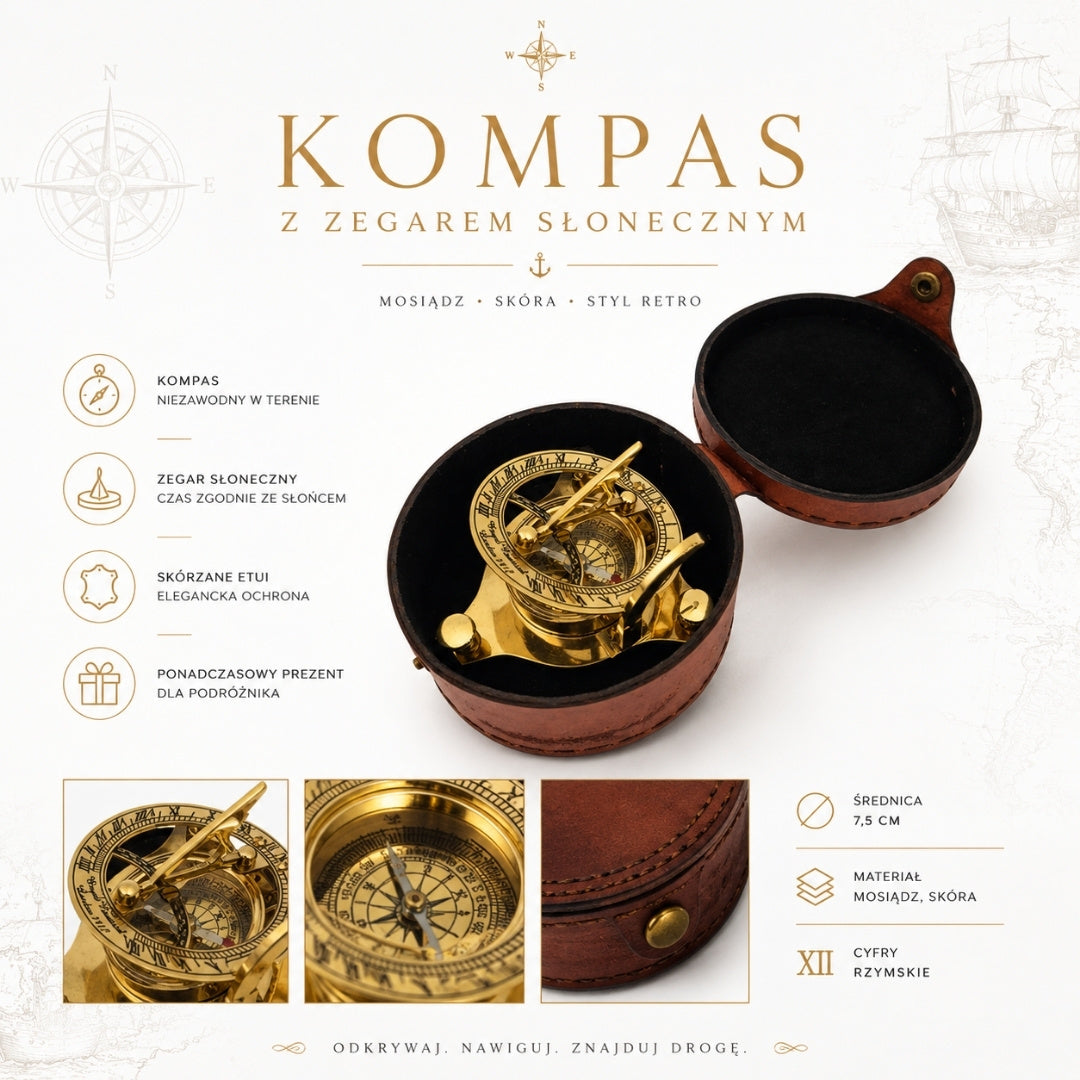 Messing-Kompass mit Sonnenuhr in Lederetui mit Gravurpersonalisierung