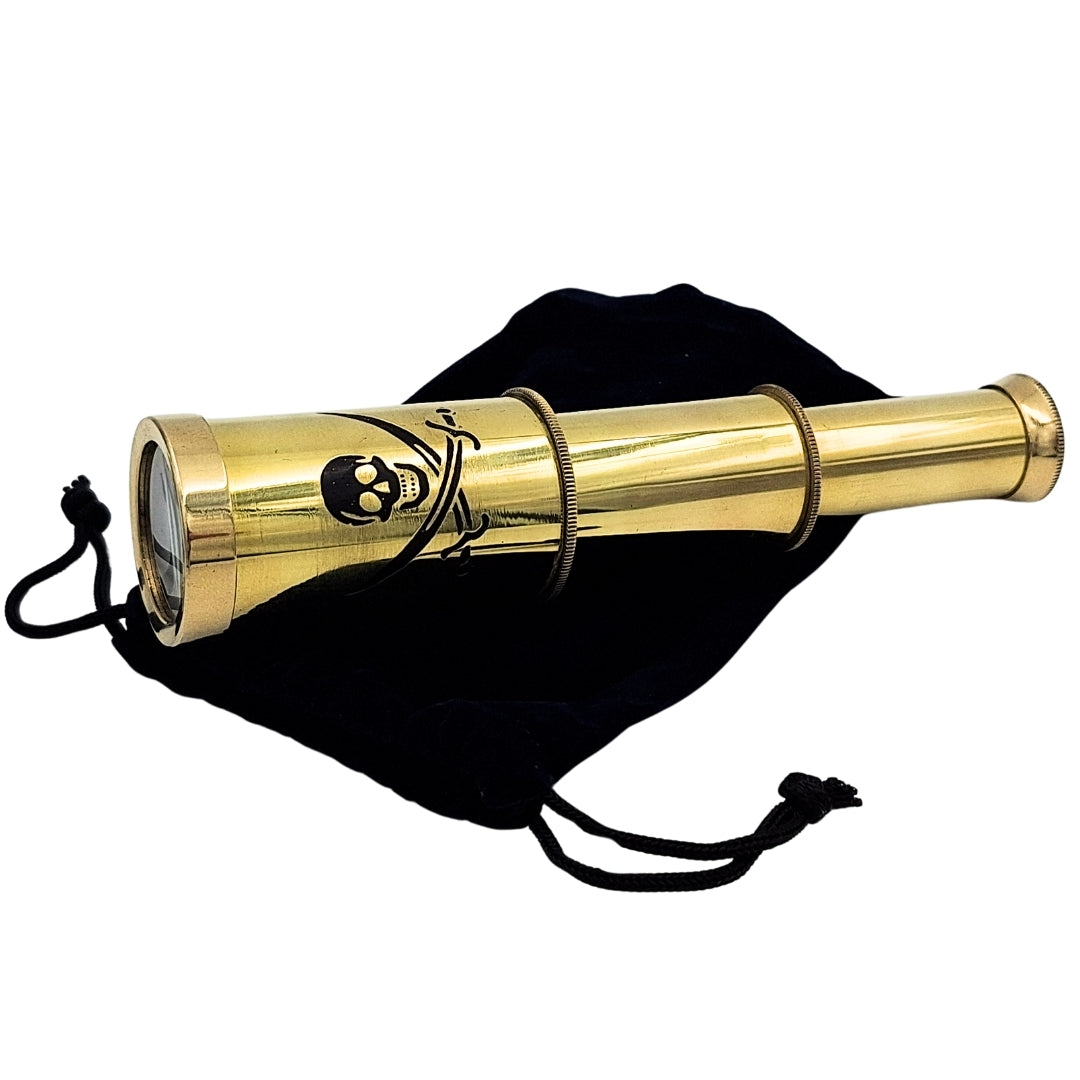 Piratenteleskop mit Emblem – klappbares Messingteleskop mit Gravur – perfektes Geschenk für junge Meeresentdecker – Höhe 15 cm, Set mit Samtbeutel